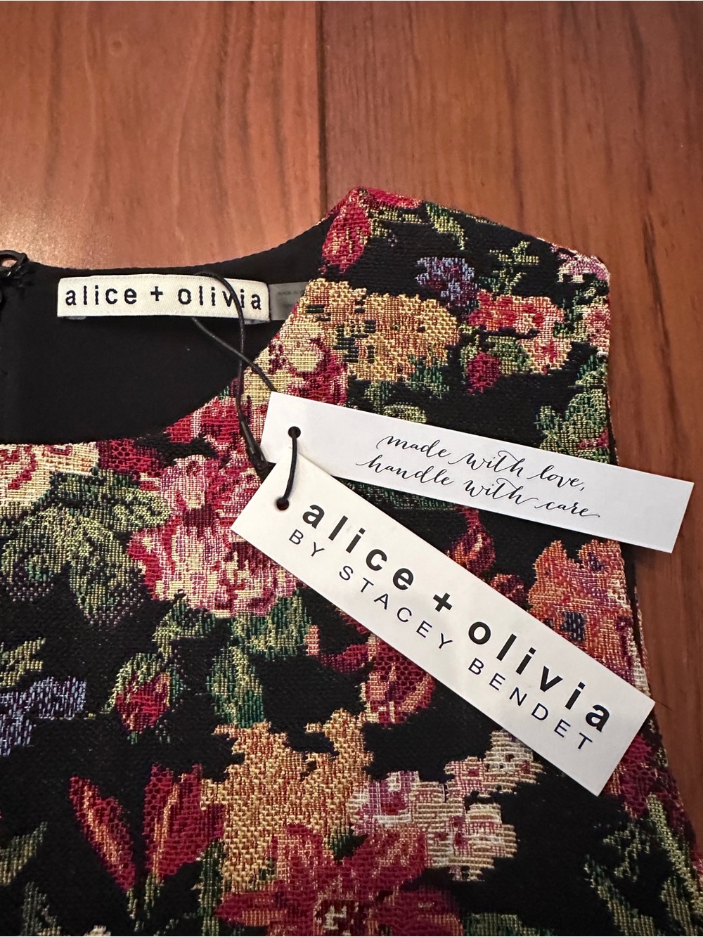 NWT Alice + Olivia Black Floral Jacquard Sheath Dress Multi-Color Blooms Size 6 - Picture 2 of 9